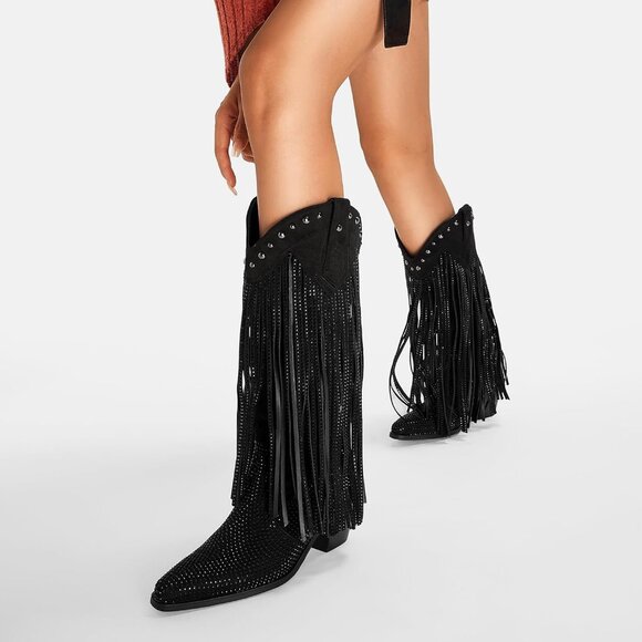 Black Rhinestone Fringe Cowgirl Boots Women Sparkly Western Pointed Toe Heel - Picture 3 of 7